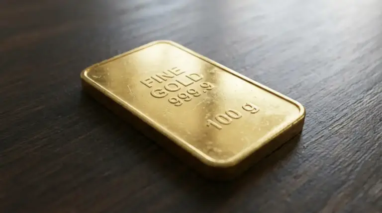 Lingotto d’oro da 100 grammi appoggiato su una superficie scura