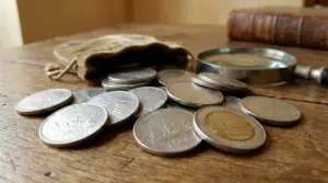 Vecchie monete italiane da 500 lire su un tavolo di legno accanto a un sacchetto e una lente d’ingrandimento