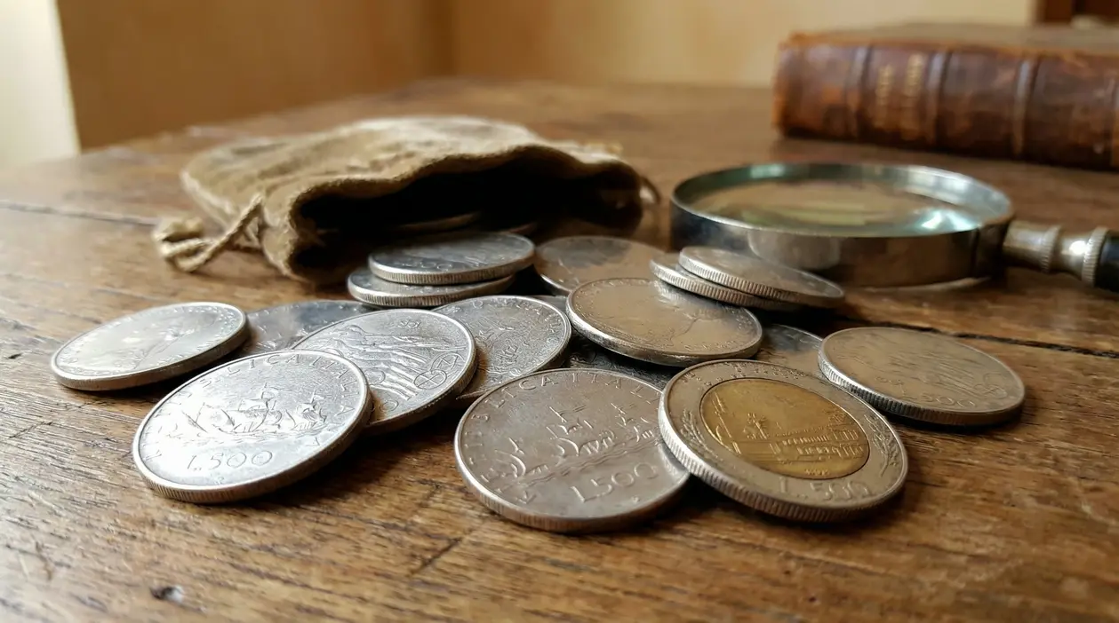 Vecchie monete italiane da 500 lire su un tavolo di legno accanto a un sacchetto e una lente d’ingrandimento
