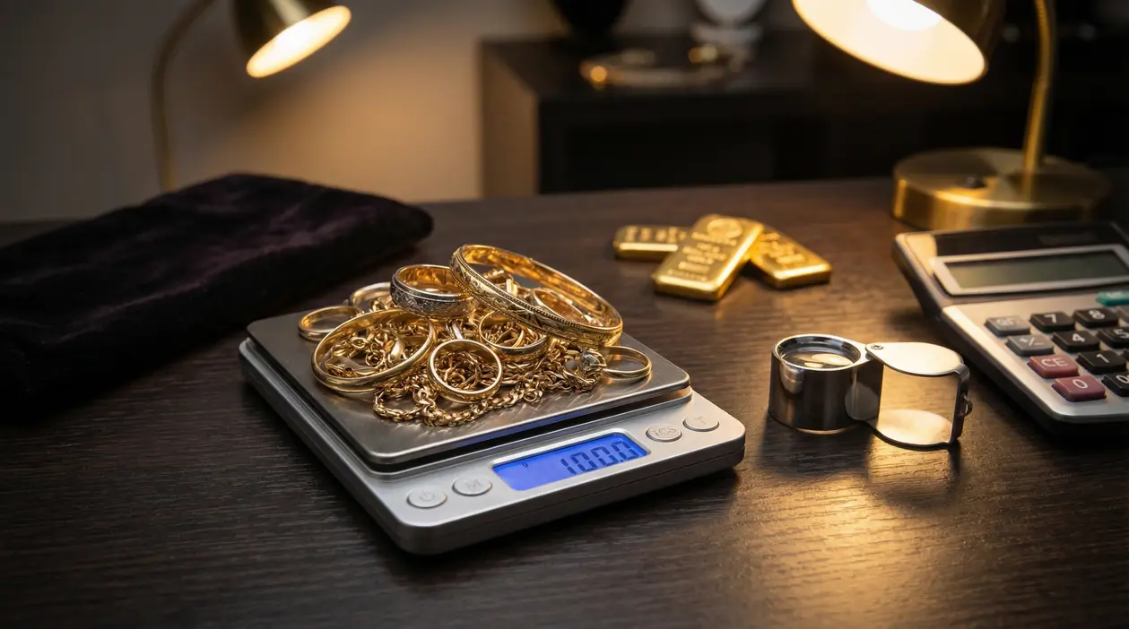 Gioielli d'oro su una bilancia digitale con lingotti, lente e calcolatrice su un tavolo