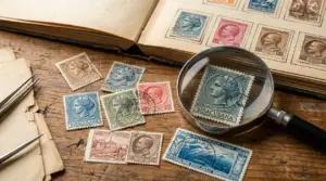 Album di francobolli d’epoca su tavolo in legno con lente d’ingrandimento e pinzette per collezionismo