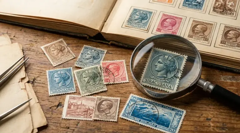 Album di francobolli d’epoca su tavolo in legno con lente d’ingrandimento e pinzette per collezionismo