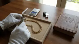 Mani con guanti esaminano una collana d'oro vintage con lente e bilancia su un tavolo.