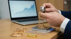 Persona che valuta una collana d’oro con lente e bilancia digitale, con grafico dei prezzi sullo sfondo
