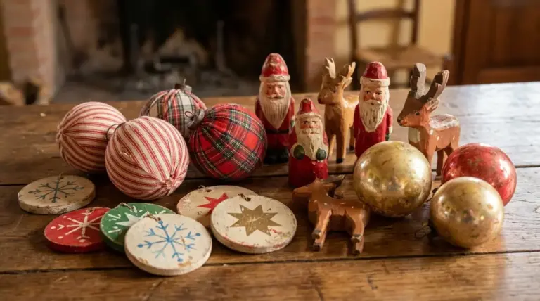 Addobbi natalizi vintage su tavolo in legno: palline, decorazioni dipinte e statuine di Babbo Natale e renne