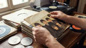 Persona che sfoglia vecchi dischi in vinile su un tavolo accanto a un giradischi e a monete italiane