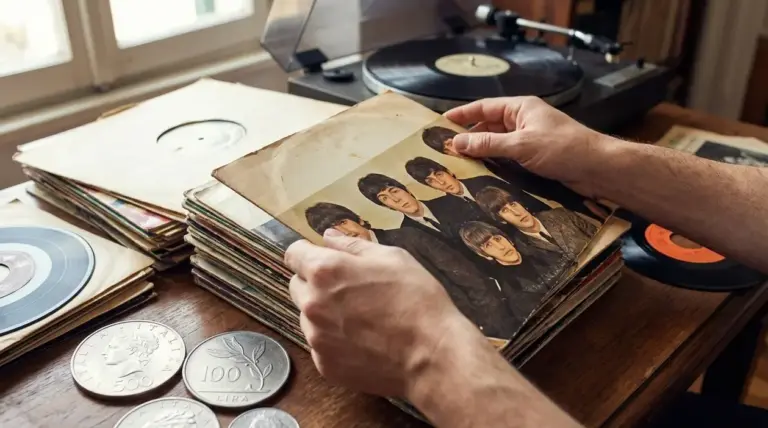 Persona che sfoglia vecchi dischi in vinile su un tavolo accanto a un giradischi e a monete italiane