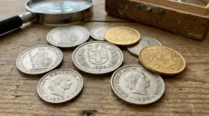 Vecchie monete in franchi svizzeri d’argento e d’oro su un tavolo, con lente d’ingrandimento per valutarne il valore