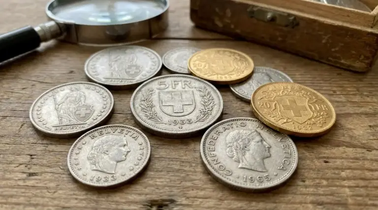 Vecchie monete in franchi svizzeri d’argento e d’oro su un tavolo, con lente d’ingrandimento per valutarne il valore