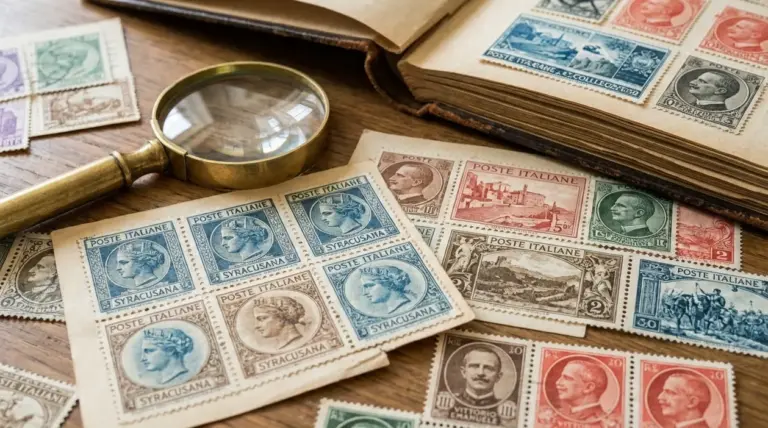 Francobolli italiani vintage in album e sciolti, con lente d’ingrandimento su un tavolo in legno