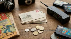 Oggetti vintage da collezione su tavolo in legno: fotocamere, cartoline, monete, fumetti e vecchio telefono