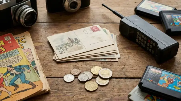 Oggetti vintage da collezione su tavolo in legno: fotocamere, cartoline, monete, fumetti e vecchio telefono