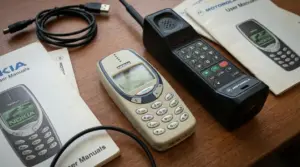 Vecchi cellulari Nokia e Motorola su un tavolo con manuali e cavi, simbolo del mercato del collezionismo