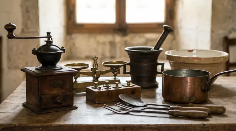 Utensili da cucina d’epoca su un tavolo: macinacaffè manuale, bilancia, mortaio, pentolino di rame e ciotola