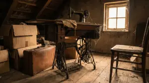 Vecchia macchina da cucire Singer in una soffitta polverosa, con tavolo in legno e valigetta vintage