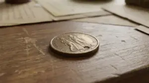 Vecchia moneta italiana su tavolo di legno, simbolo di un possibile esemplare raro da collezione