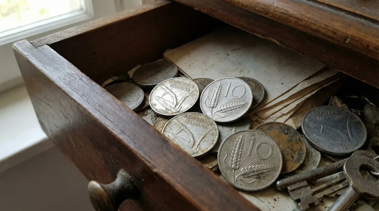Vecchie monete da 10 lire con la spiga in un cassetto di legno insieme ad altri oggetti.