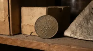 Moneta italiana da 2 lire con ramo d’ulivo appoggiata su uno scaffale impolverato tra vecchie scatole