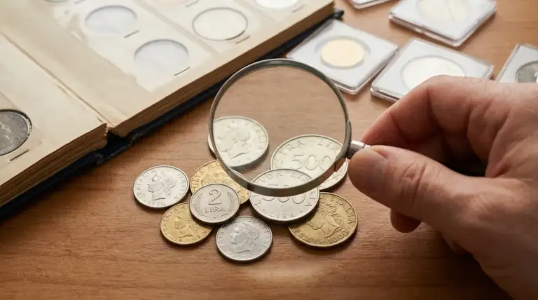 Mano con lente che esamina vecchie monete in lire accanto a un album da collezione numismatica