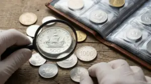 Monete di vecchie lire italiane osservate con una lente d’ingrandimento accanto a un album da collezione