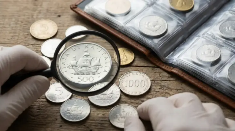 Monete di vecchie lire italiane osservate con una lente d’ingrandimento accanto a un album da collezione