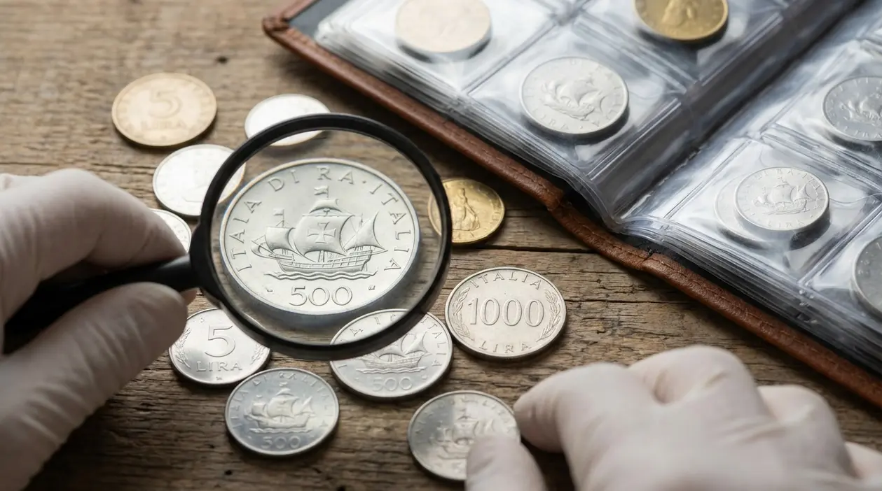 Monete di vecchie lire italiane osservate con una lente d’ingrandimento accanto a un album da collezione