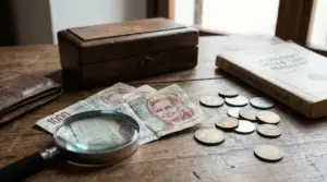 Banconote da mille lire con Maria Montessori, monete e lente d’ingrandimento su un tavolo di legno