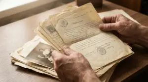 Persona che esamina vecchi documenti e fotografie, possibile polizza vita dimenticata ritrovata in casa