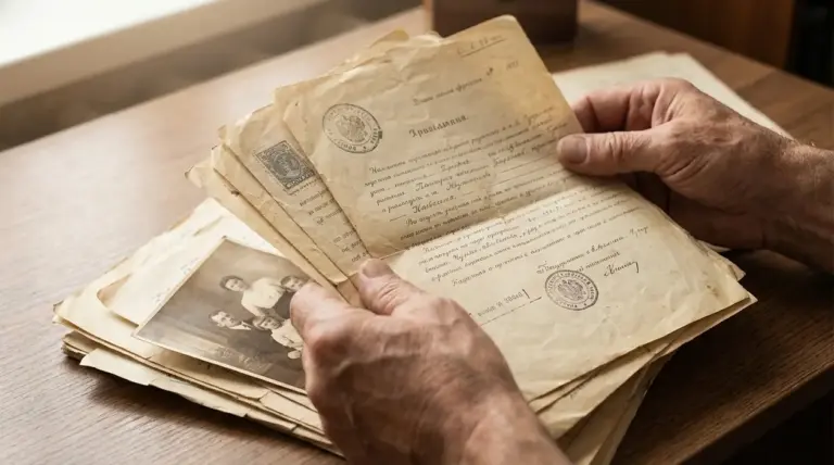 Persona che esamina vecchi documenti e fotografie, possibile polizza vita dimenticata ritrovata in casa