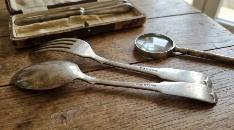 Vecchie posate in metallo con punzoni sul manico accanto a una lente d’ingrandimento su un tavolo di legno