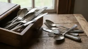 Vecchie posate d’argento in un cassetto di legno, con cucchiai, forchette e coltelli su un tavolo rustico