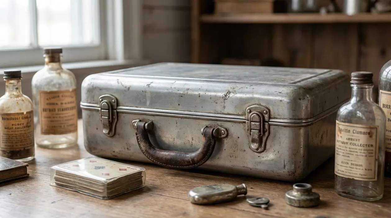 Vecchia valigetta metallica su un tavolo con oggetti vintage, possibile pezzo da collezione di valore