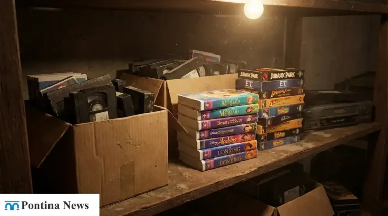 Scatole di vecchie videocassette VHS su una mensola in cantina, accanto a pile di film e a un videoregistratore