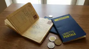 Vecchio libretto postale aperto con timbri e annotazioni, accanto a libretto Poste Italiane e monete su tavolo