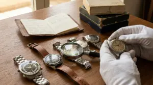 Valutazione di orologi da collezione su un tavolo con lente, guanti, taccuino e scatole vintage