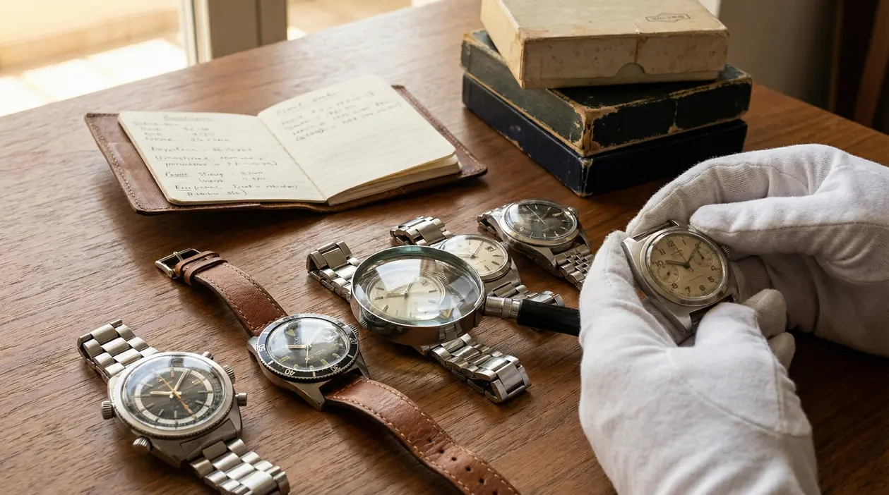 Valutazione di orologi da collezione su un tavolo con lente, guanti, taccuino e scatole vintage