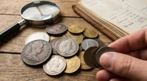 Mano che tiene monete da collezione su tavolo in legno con lente d’ingrandimento e taccuino di valutazione