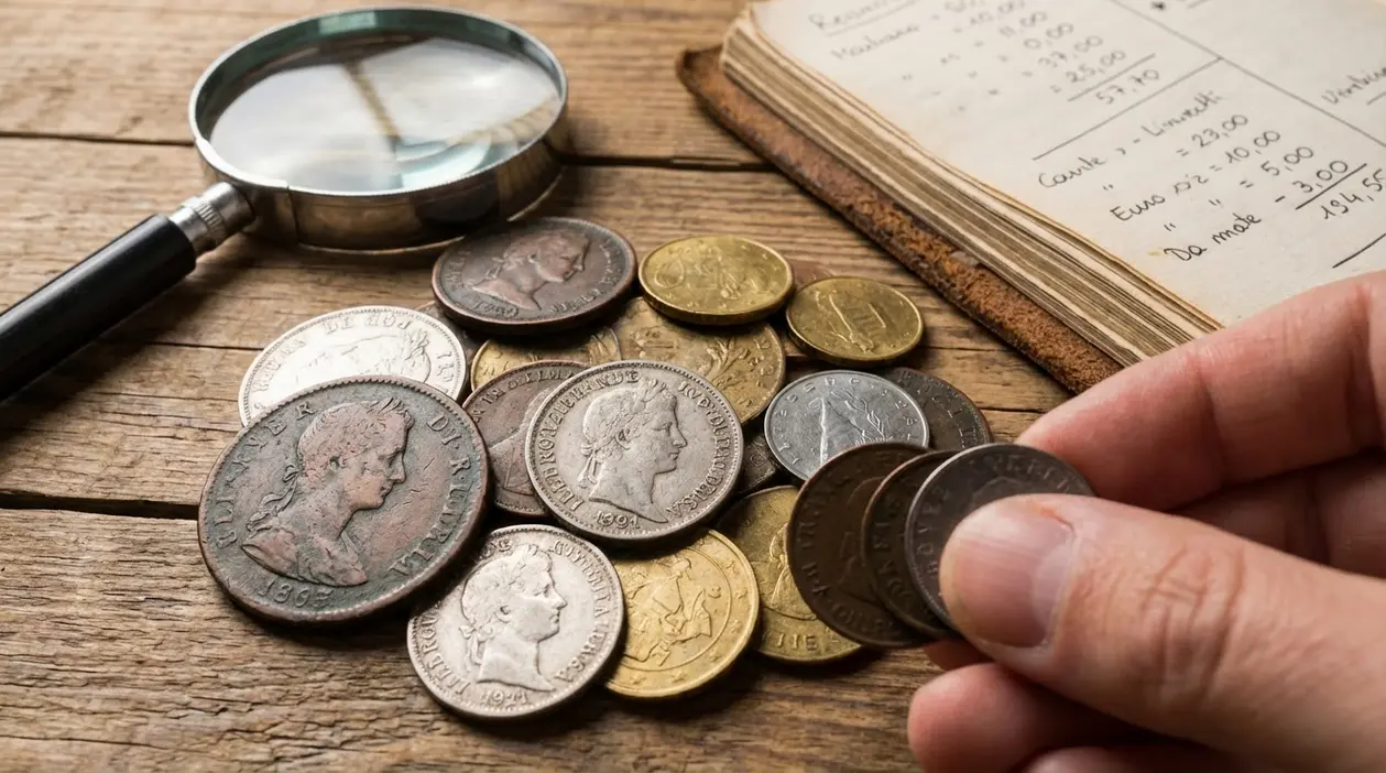 Mano che tiene monete da collezione su tavolo in legno con lente d’ingrandimento e taccuino di valutazione