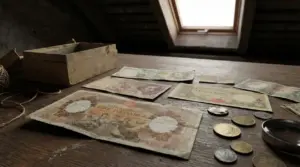 Banconote e monete in lire su un tavolo in soffitta, pronte per valutazione e vendita in sicurezza