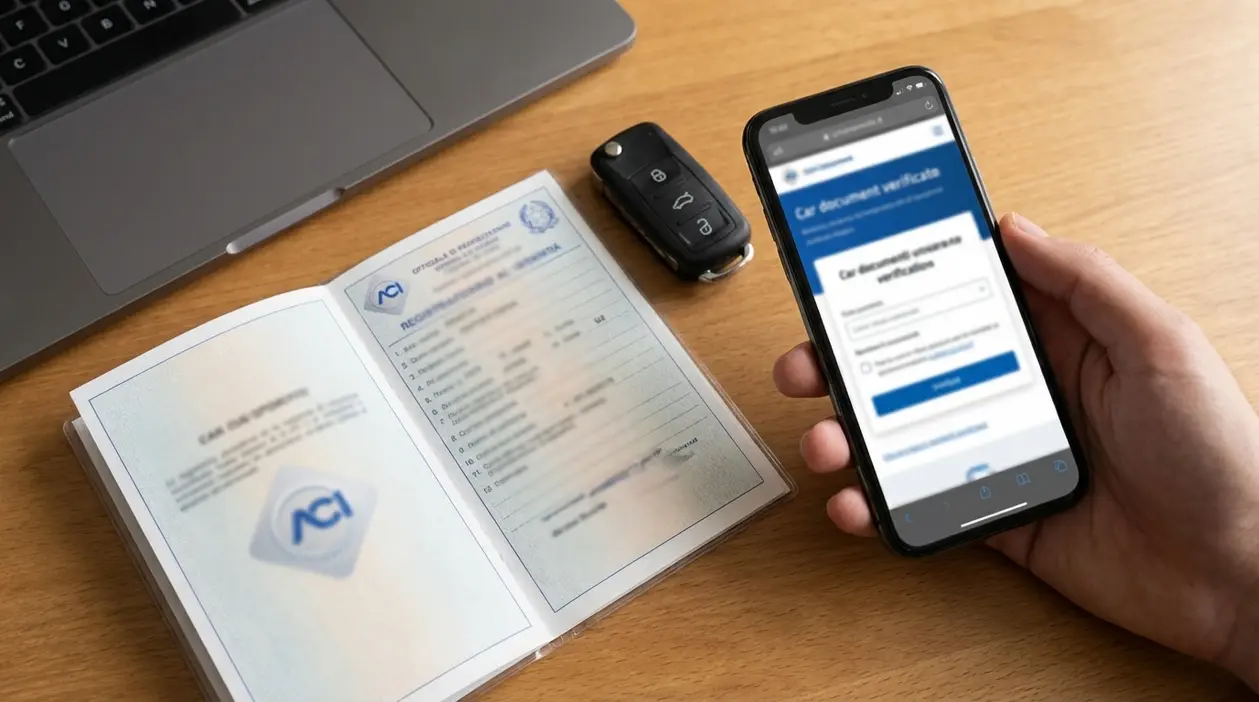 Mano con smartphone accanto a libretto auto e chiavi, durante una verifica online del fermo amministrativo