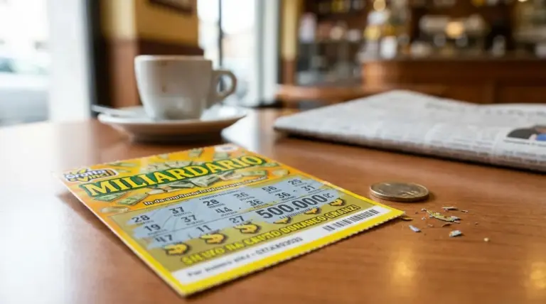 Biglietto gratta e vinci su un tavolo di bar con moneta, tazzina di caffè e giornale sullo sfondo