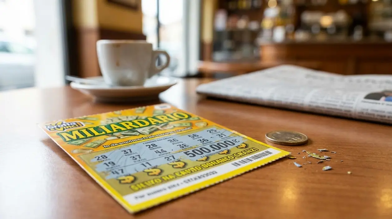 Biglietto gratta e vinci su un tavolo di bar con moneta, tazzina di caffè e giornale sullo sfondo