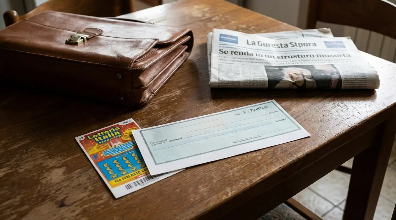 Biglietto della lotteria e assegno su un tavolo, accanto a una borsa in pelle e a un giornale