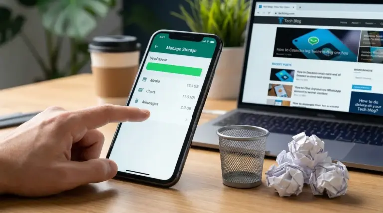 Mano che controlla lo spazio di archiviazione su smartphone con laptop sullo sfondo, tema memoria WhatsApp piena