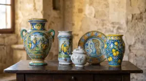 Vasi e piatto in ceramica antica italiana decorata, esposti su un tavolo di legno in ambiente rustico