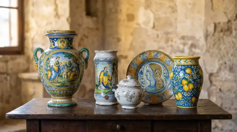 Vasi e piatto in ceramica antica italiana decorata, esposti su un tavolo di legno in ambiente rustico