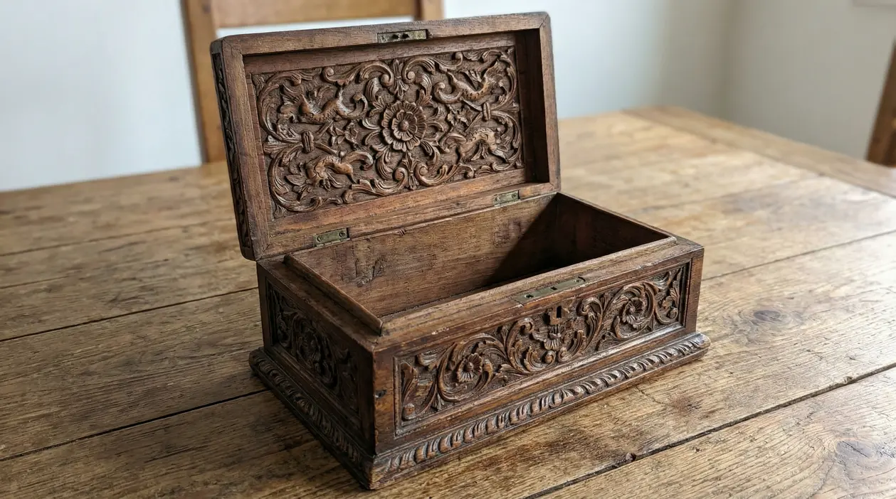 Portagioie in legno antico aperto con intaglio decorativo sotto il coperchio, su tavolo in legno