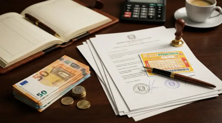 Biglietto del Superenalotto su documenti notarili con timbro, penna e mazzetta di euro su una scrivania