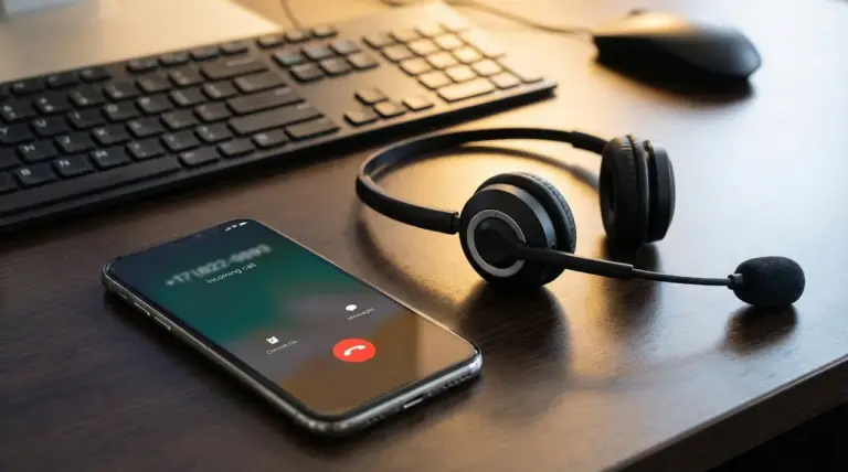 Scrivania con cuffie da call center e smartphone con chiamata in arrivo, vicino a tastiera e mouse