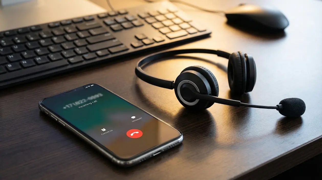 Scrivania con cuffie da call center e smartphone con chiamata in arrivo, vicino a tastiera e mouse